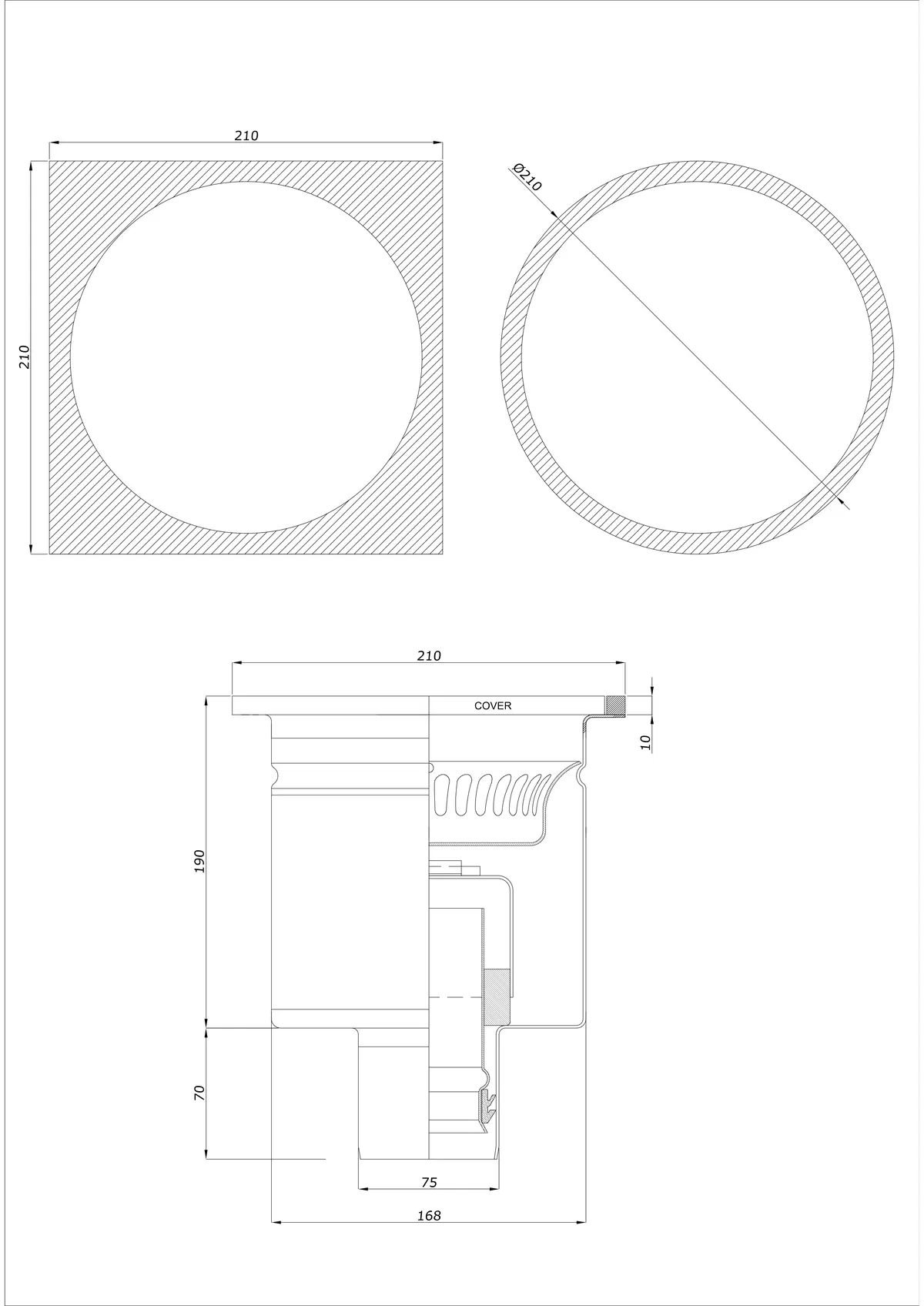 Bodenablauf BK_KRDO 210/210x210 DN 75 - Einteilig Vertikal - Runde/Quadratische Ausführung