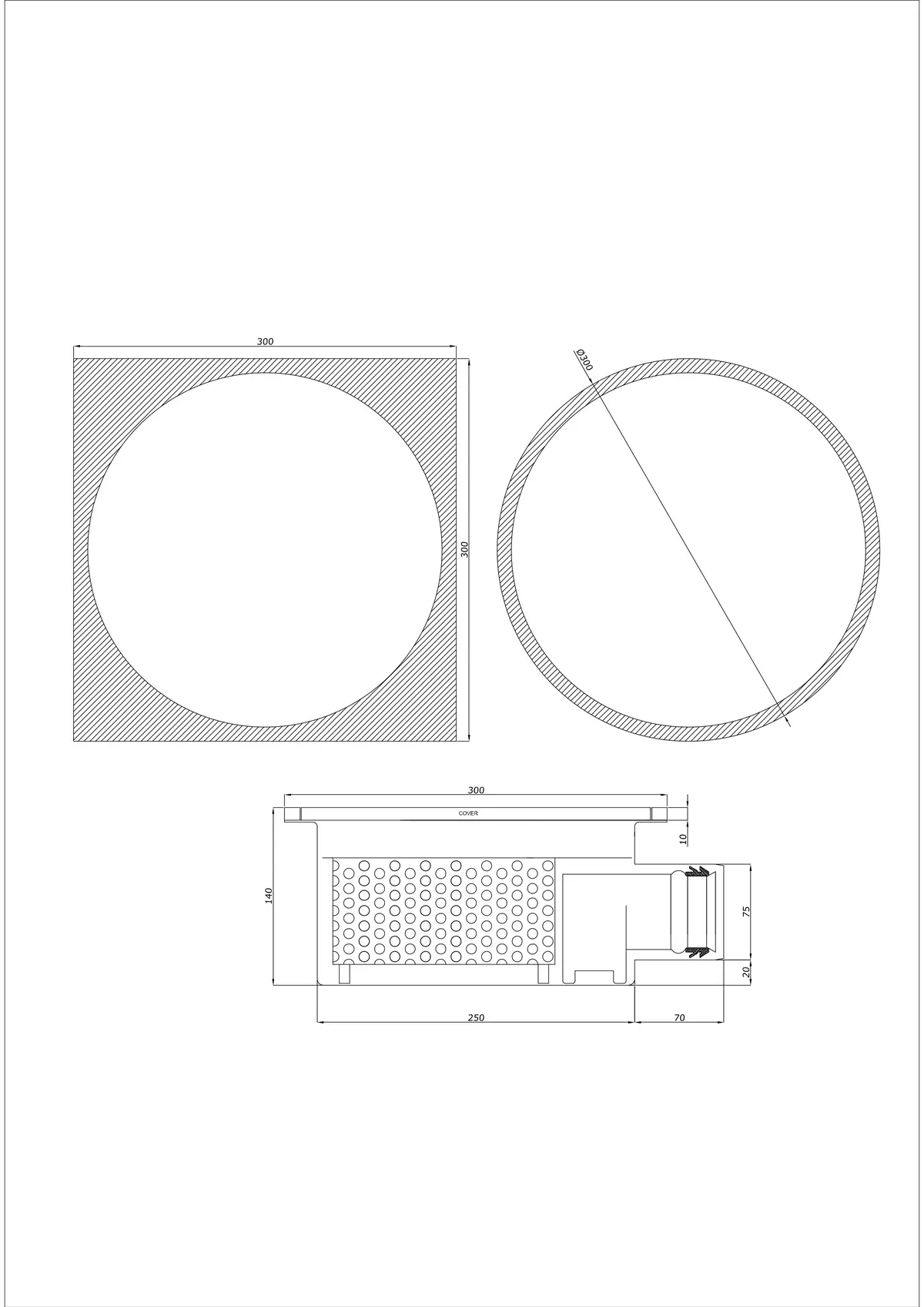 Bodenablauf BK_KRBO 300/ 300x300 DN 75 - Einteilig Horizontal - Runde/Quadratische Ausführung