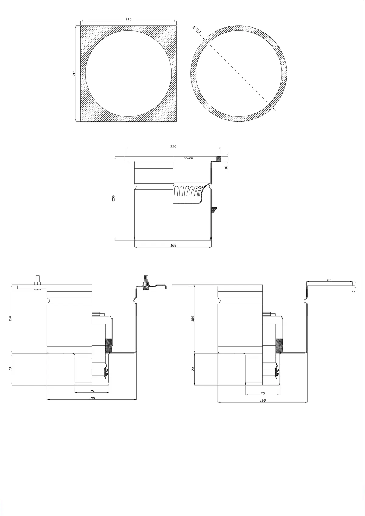 Bodenablauf BK_KRDO 210/210x210 DN 75 - Zweiteilig Vertikal - Runde/Quadratische Version