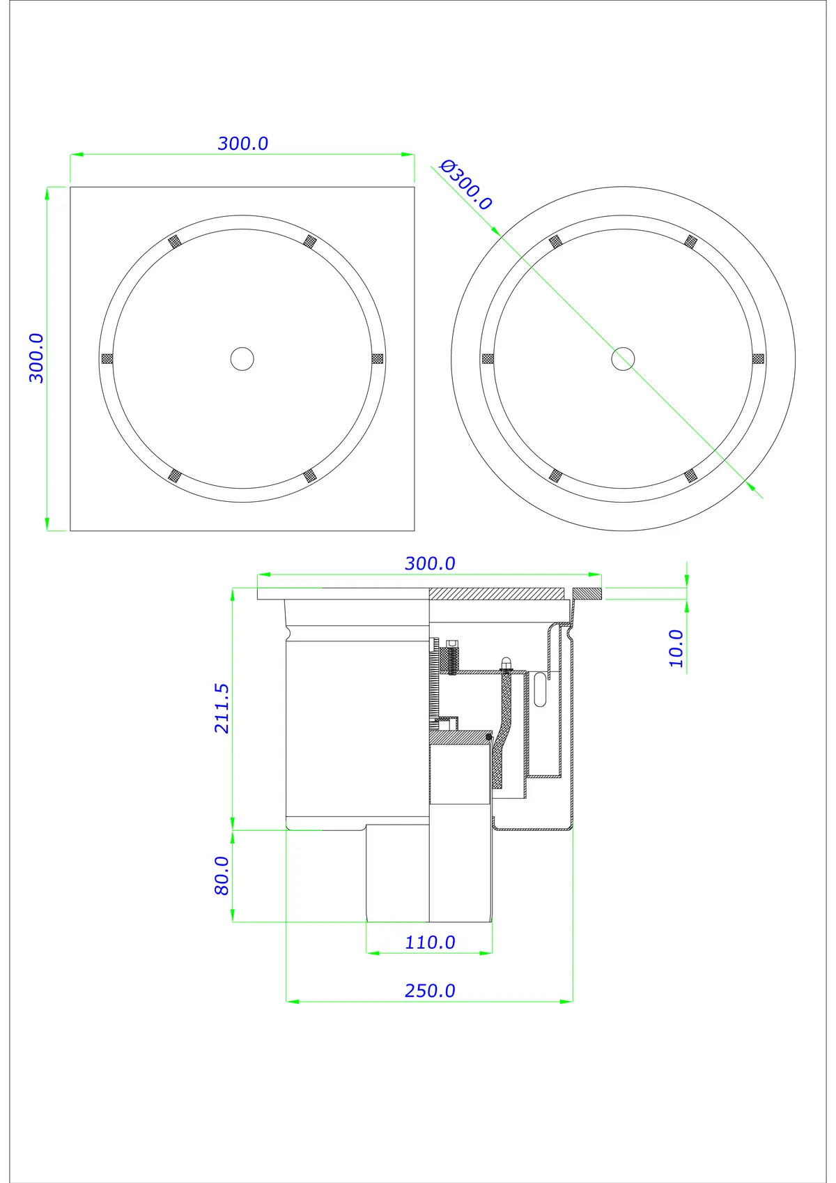 Bodenablauf BK_KROD 300/300x300 DN 110 mit verschließbarem Siphon (Inbusschlüssel) - einteilig vertikal