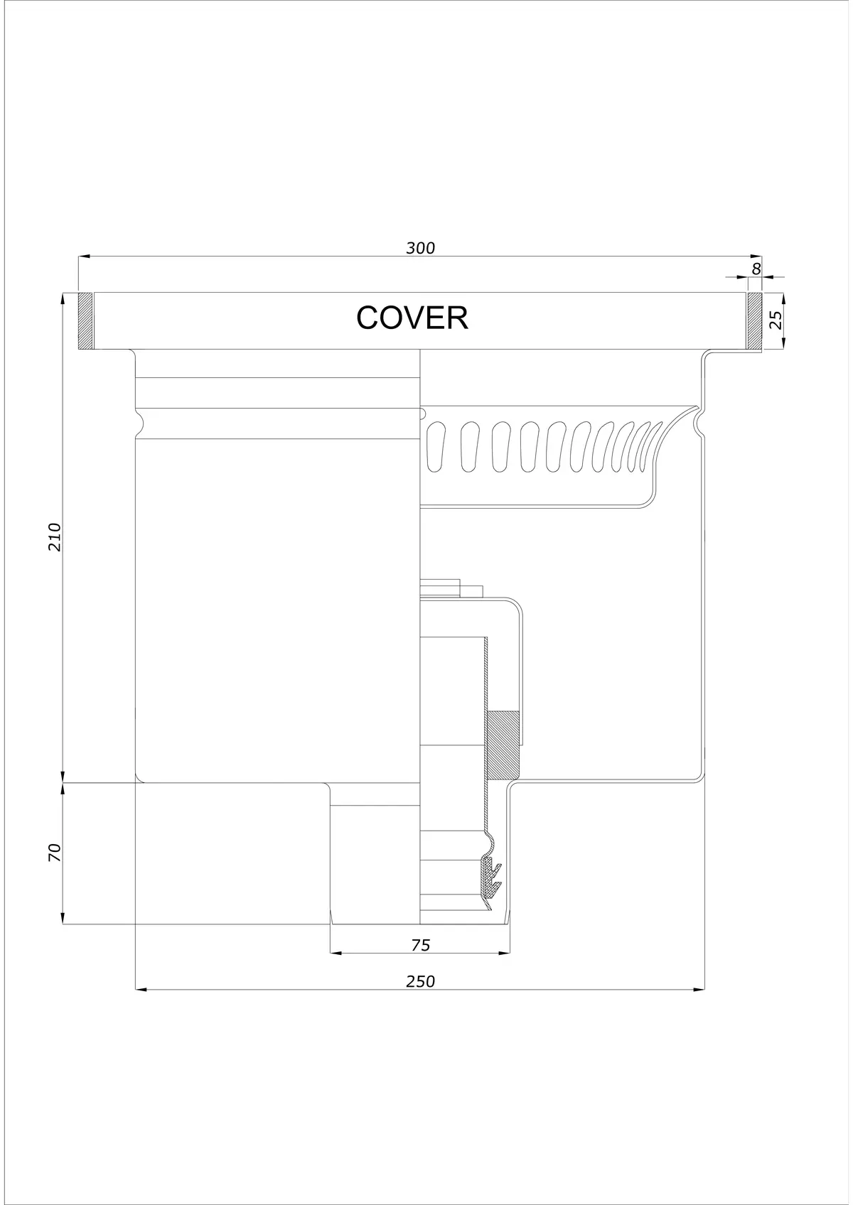 Bodenablauf BK_KROD 300 DN 75 mit Rand 25x8mm - Einteiliger Vertikaler Ablauf
