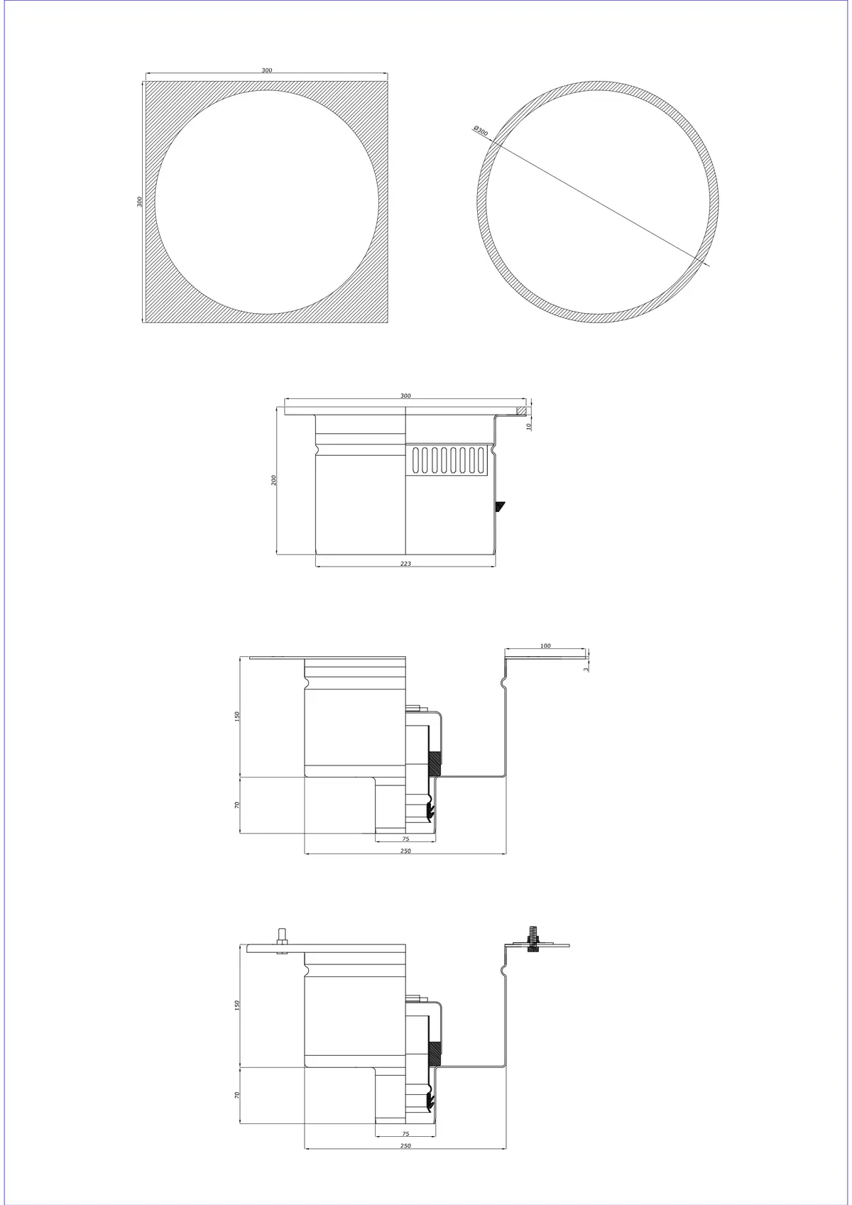Bodenablauf BK_KRDO 300/300x300 DN 75 - Zweiteilig Vertikal - Runde/Quadratische Ausführung