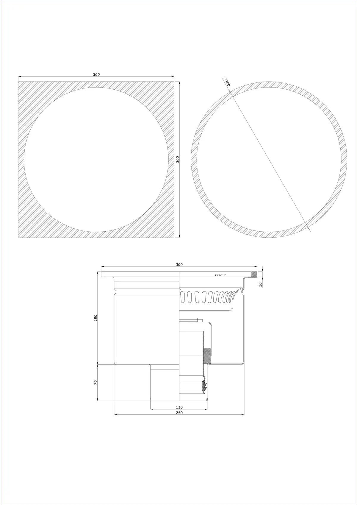 Bodenablauf BK_KRDO 300/300x300 DN 110 - Einteilig Vertikal - Runde/Quadratische Ausführung