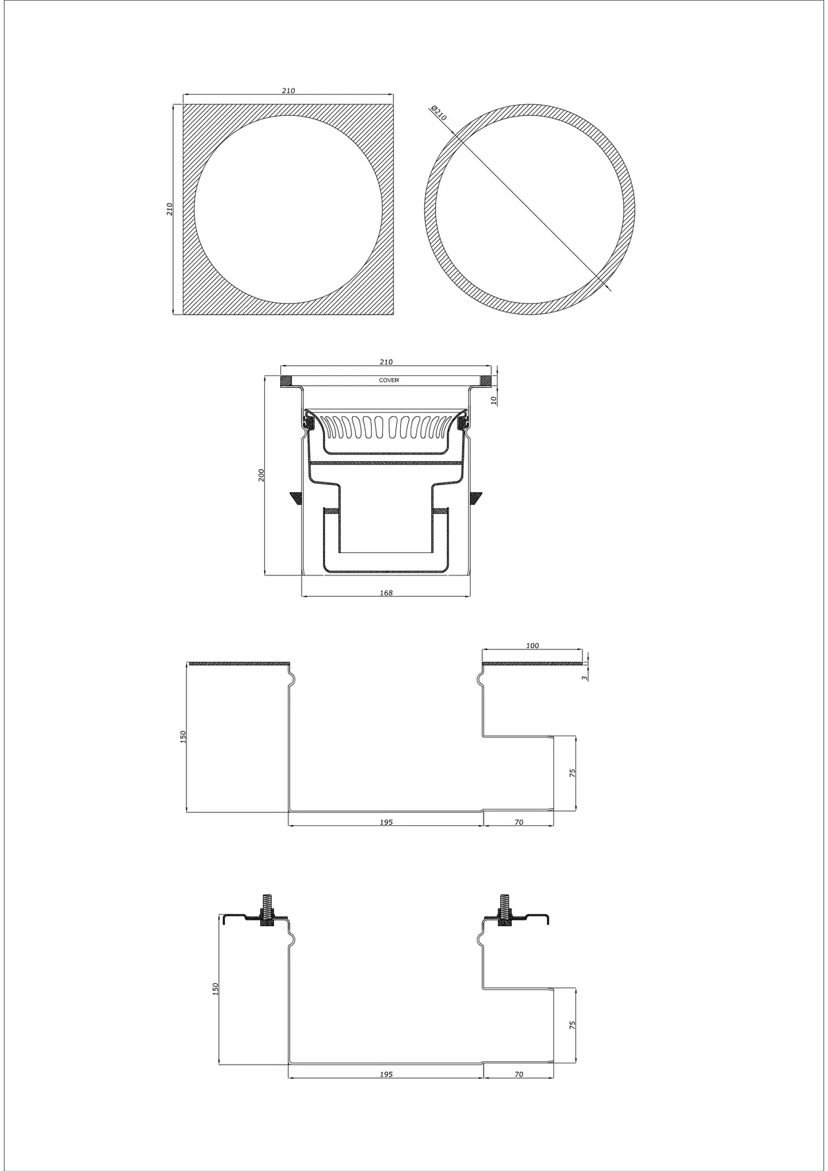 Bodenablauf BK_KRBO 210/ 210x210 DN 75 - Zweiteilig Horizontal - Runde/Quadratische Ausführung