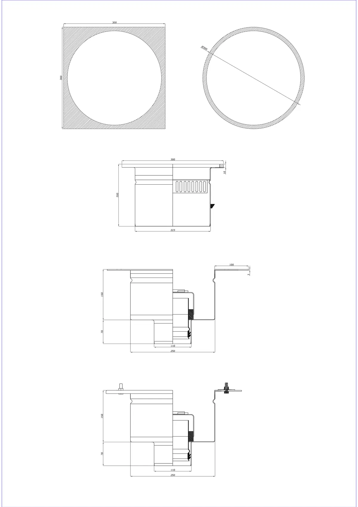 Bodenablauf BK_KRDO 300/300x300 DN 110 - Zweiteilig Vertikal - Runde/Quadratische Version