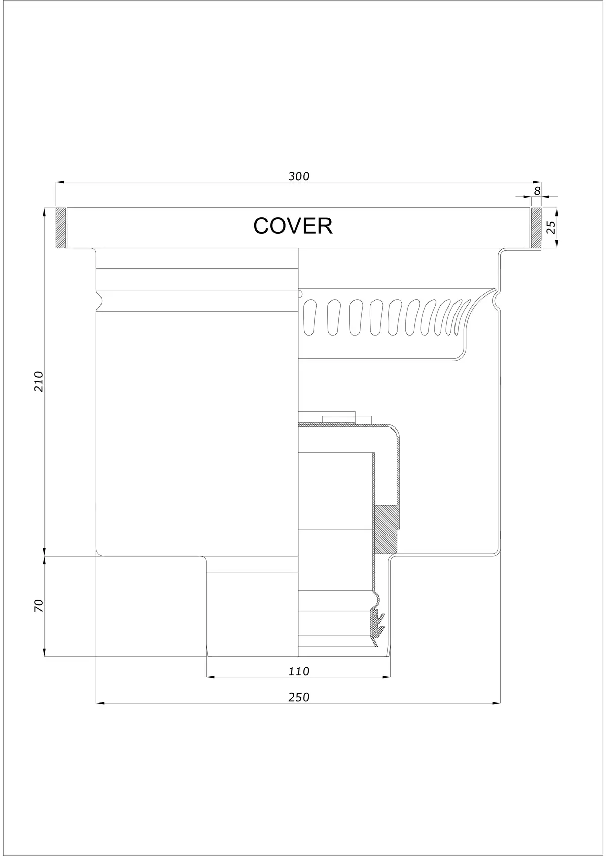 Bodenablauf BK_KROD 300 DN 110 mit Rand 25x8mm - Einteiliger Vertikaler Ablauf