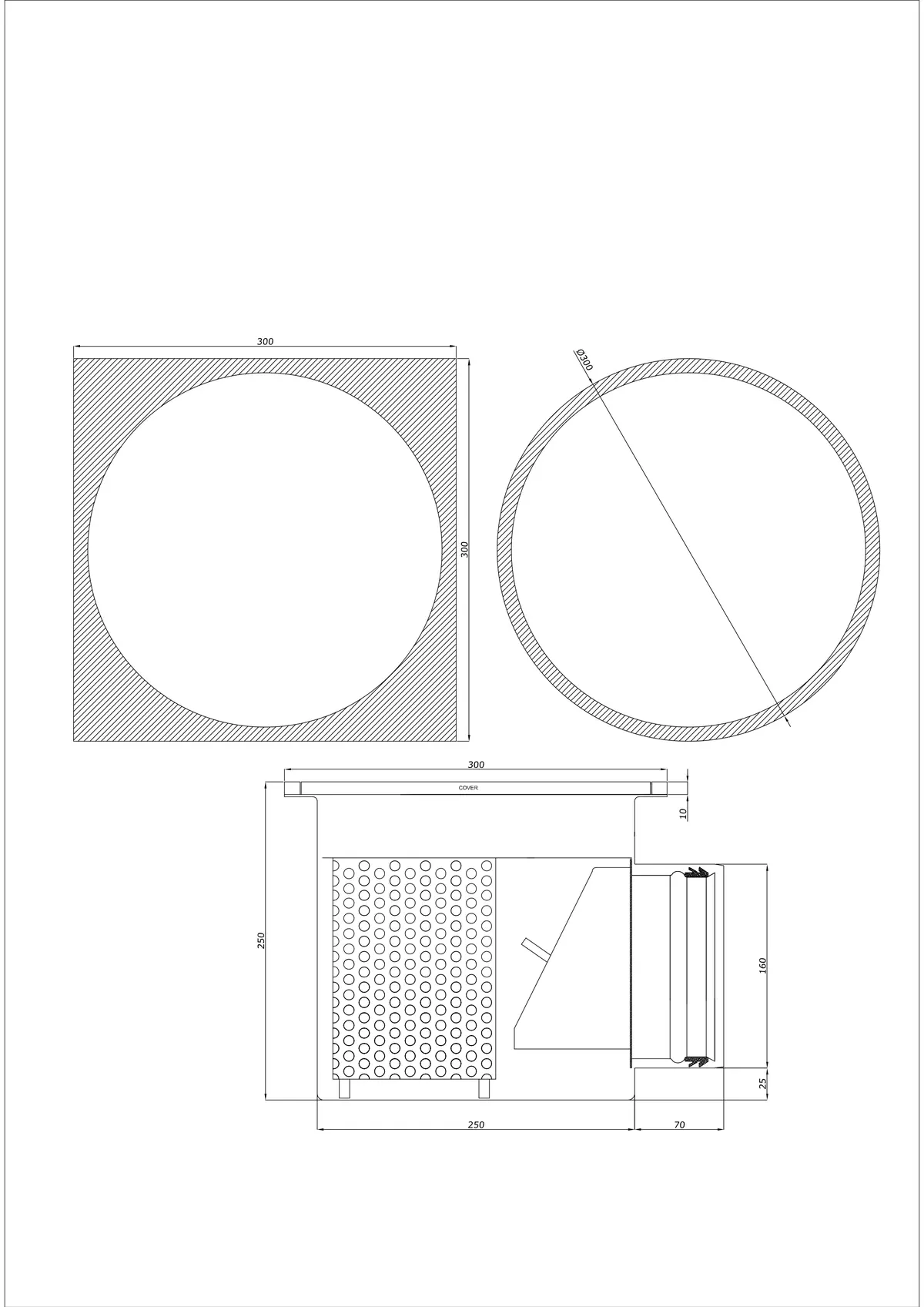 Bodenablauf BK_KRBO 300/300x300 DN 160 - Einteilig Horizontal - Runde/Quadratische Ausführung
