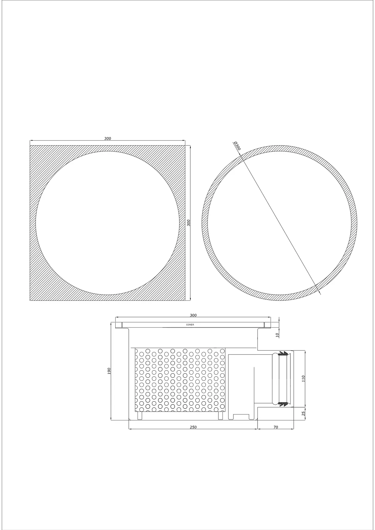 Bodenablauf BK_KRBO 300/ 300x300 DN 110 - Einteilig Horizontal - Runde/Quadratische Ausführung