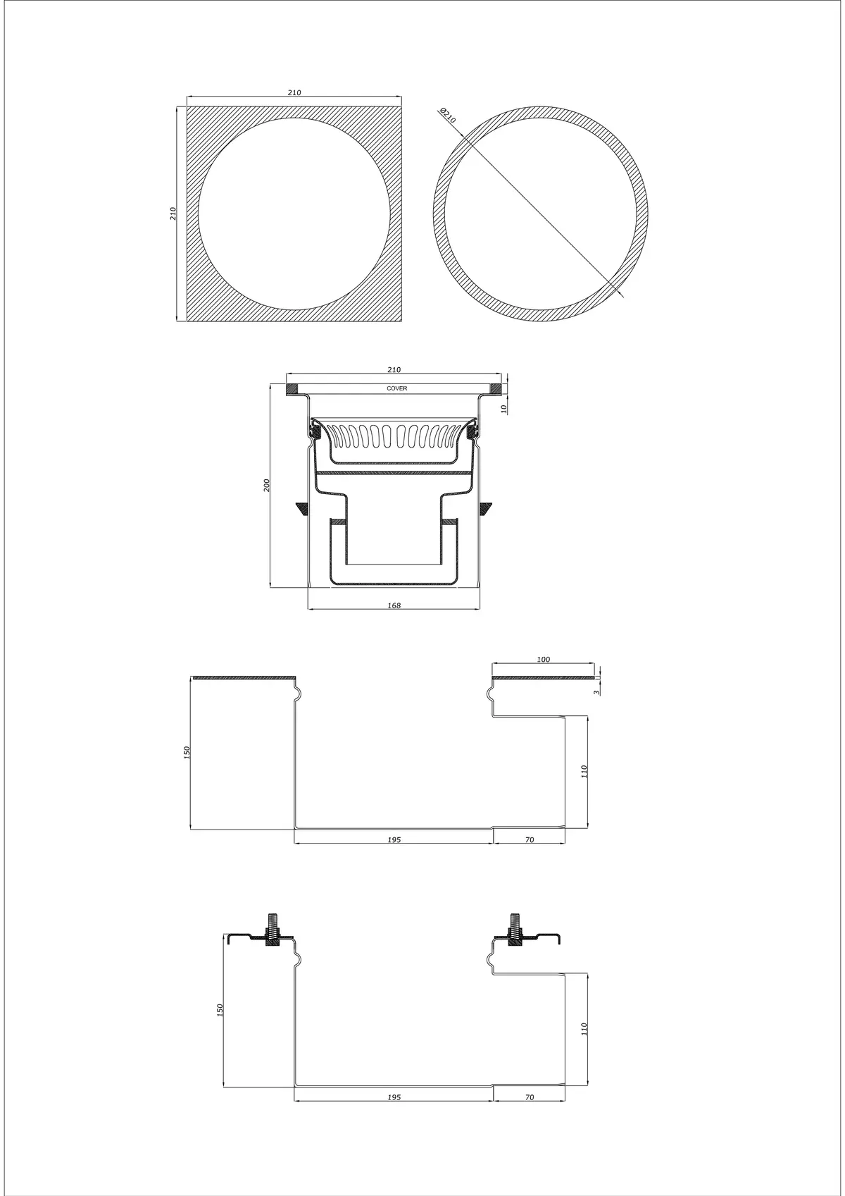 Bodenablauf BK_KRBO 210/ 210x210 DN 110 - Zweiteilig Horizontal - Runde/Quadratische Ausführung