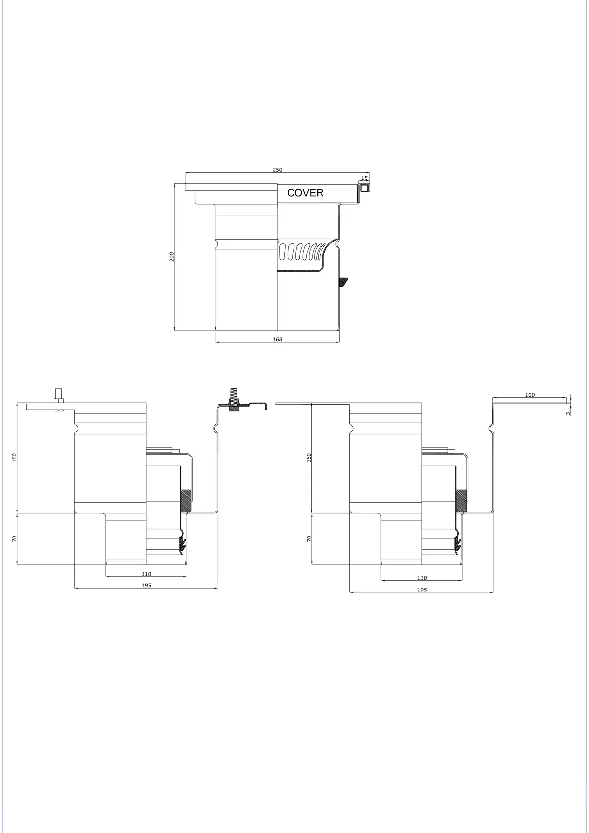 Bodenablauf BK_KRD 250x250 DN 110 - Zweiteilig Vertikal