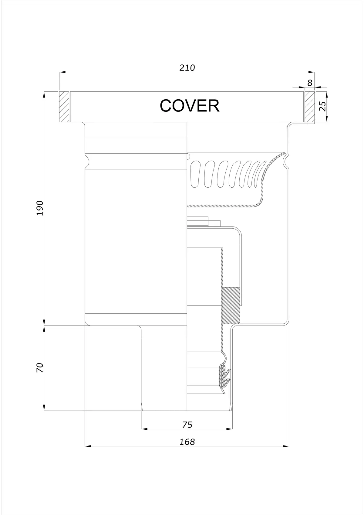 Bodenablauf BK_KROD 210 DN 75 mit Rand 25x8mm - Einteiliger Vertikaler Ablauf