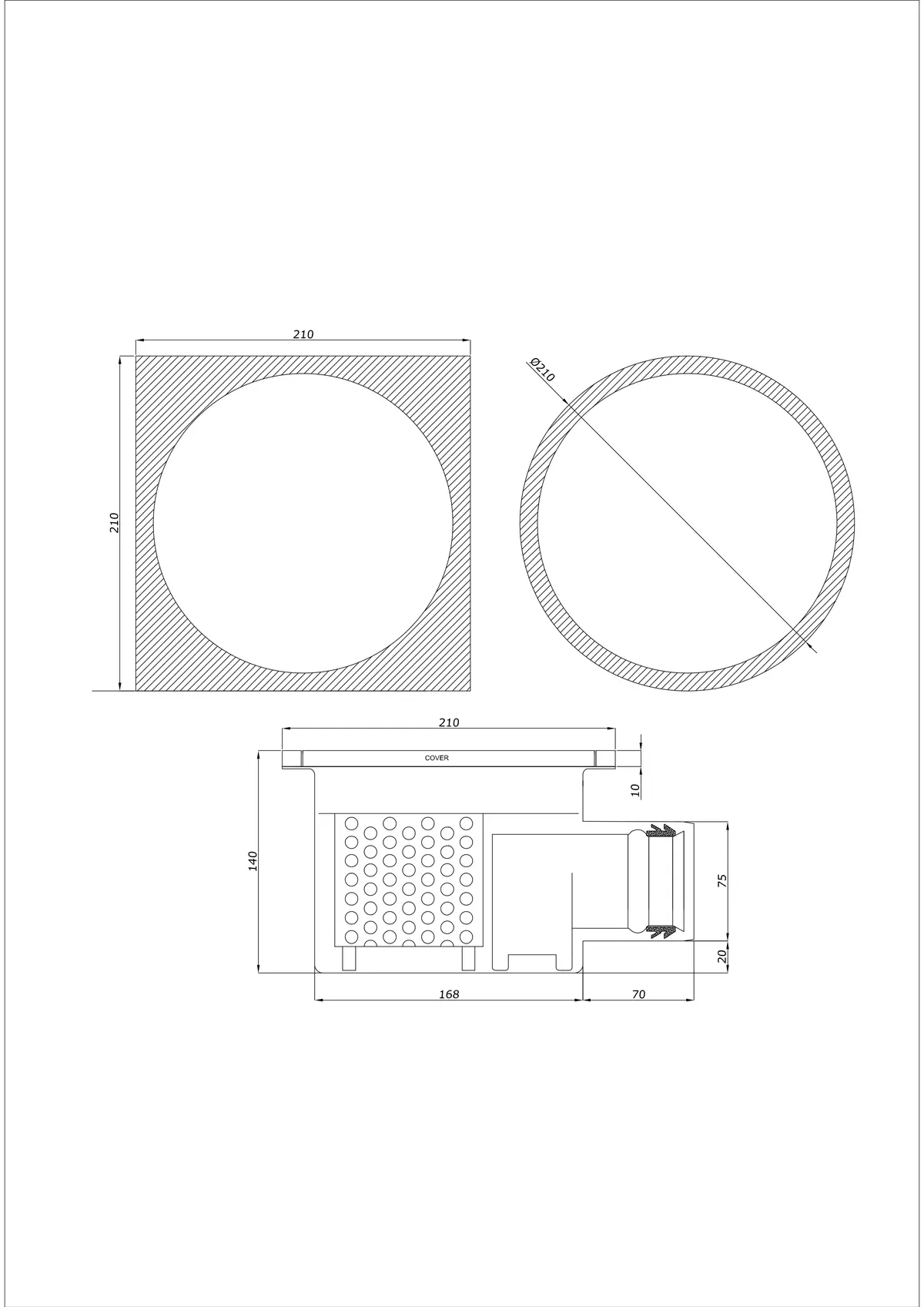 Bodenablauf BK_KRBO 210/ 210x210 DN 75 - Einteilig Horizontal - Runde/Quadratische Version
