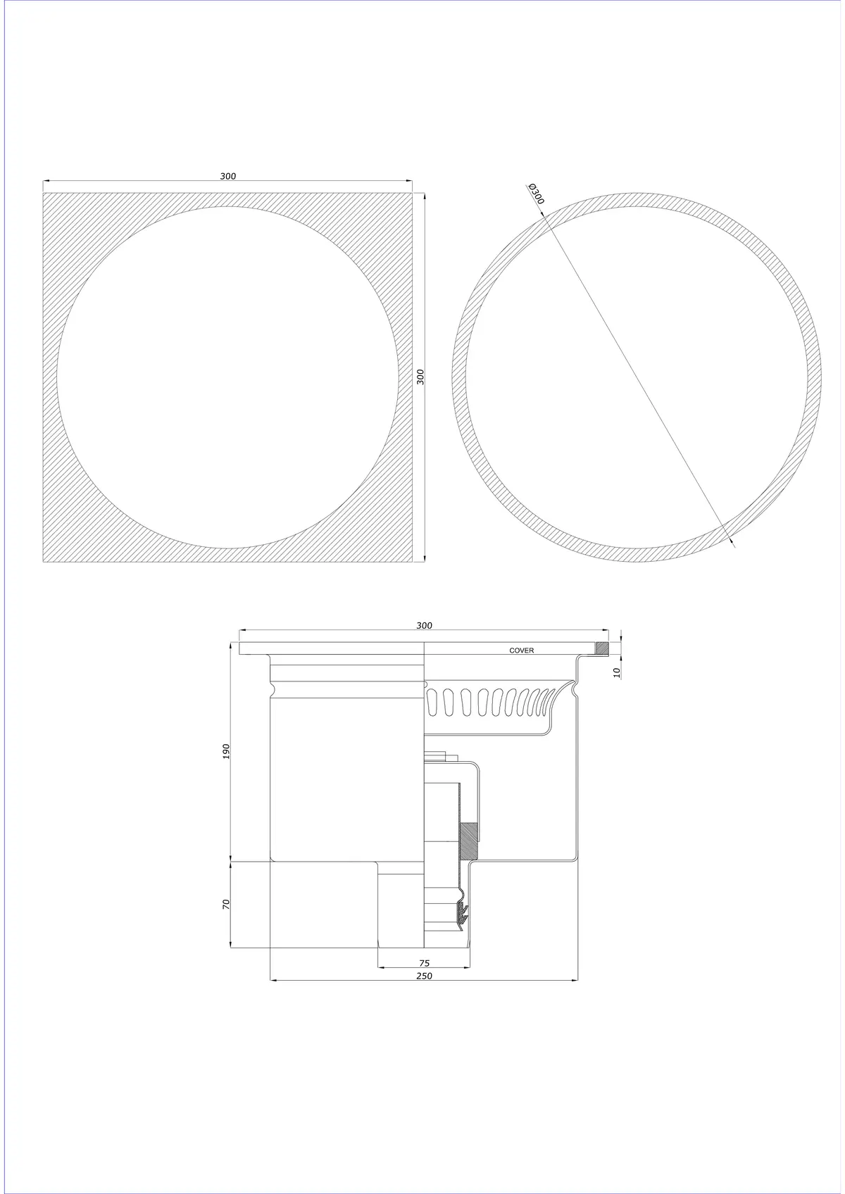 Bodenablauf BK_KRDO 300/300x300 DN 75 - Einteilig Vertikal - Runde/Quadratische Ausführung