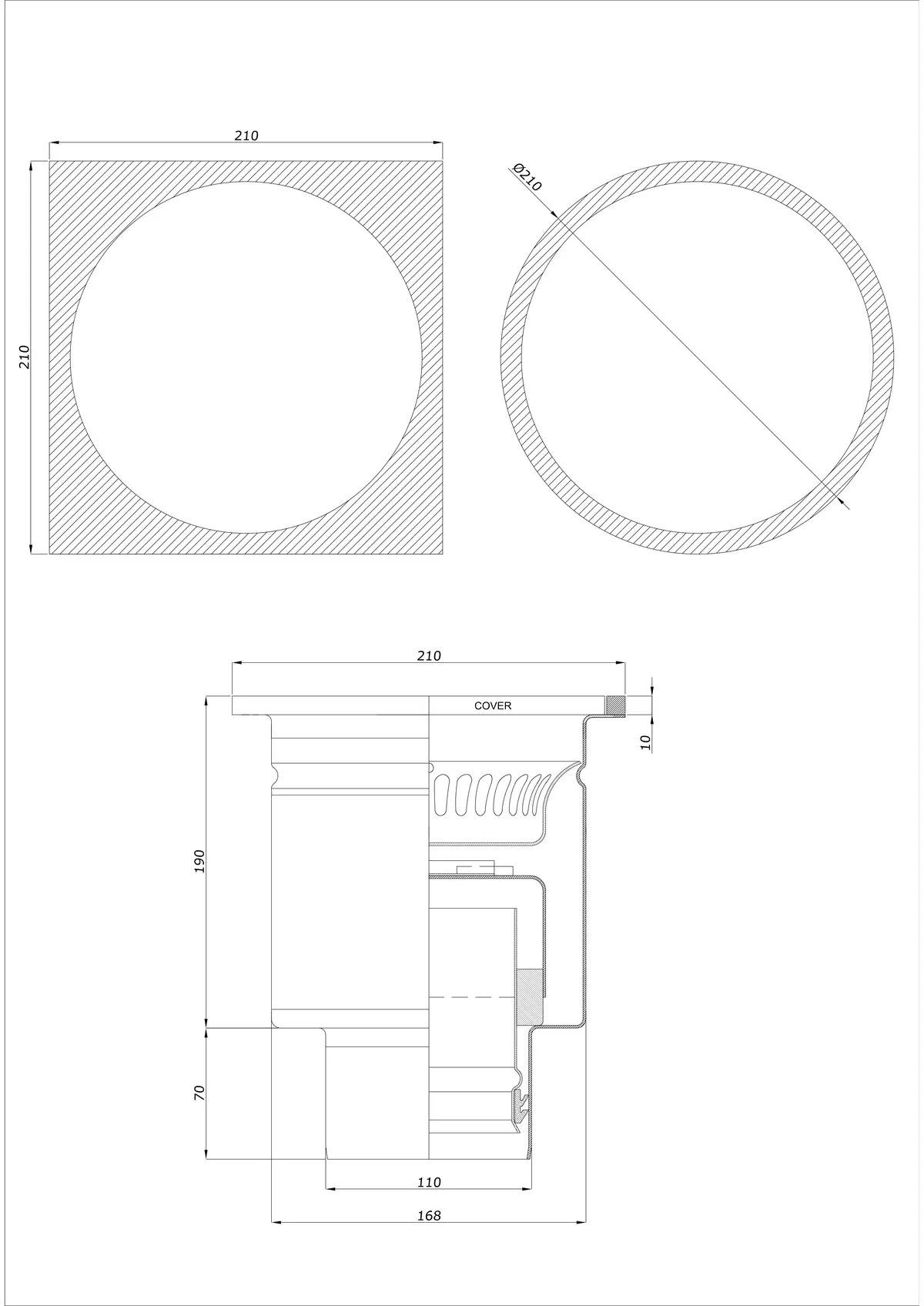 Bodenablauf BK_KRDO 210/210x210 DN 110 - Einteilig Vertikal - Runde/Quadratische Ausführung