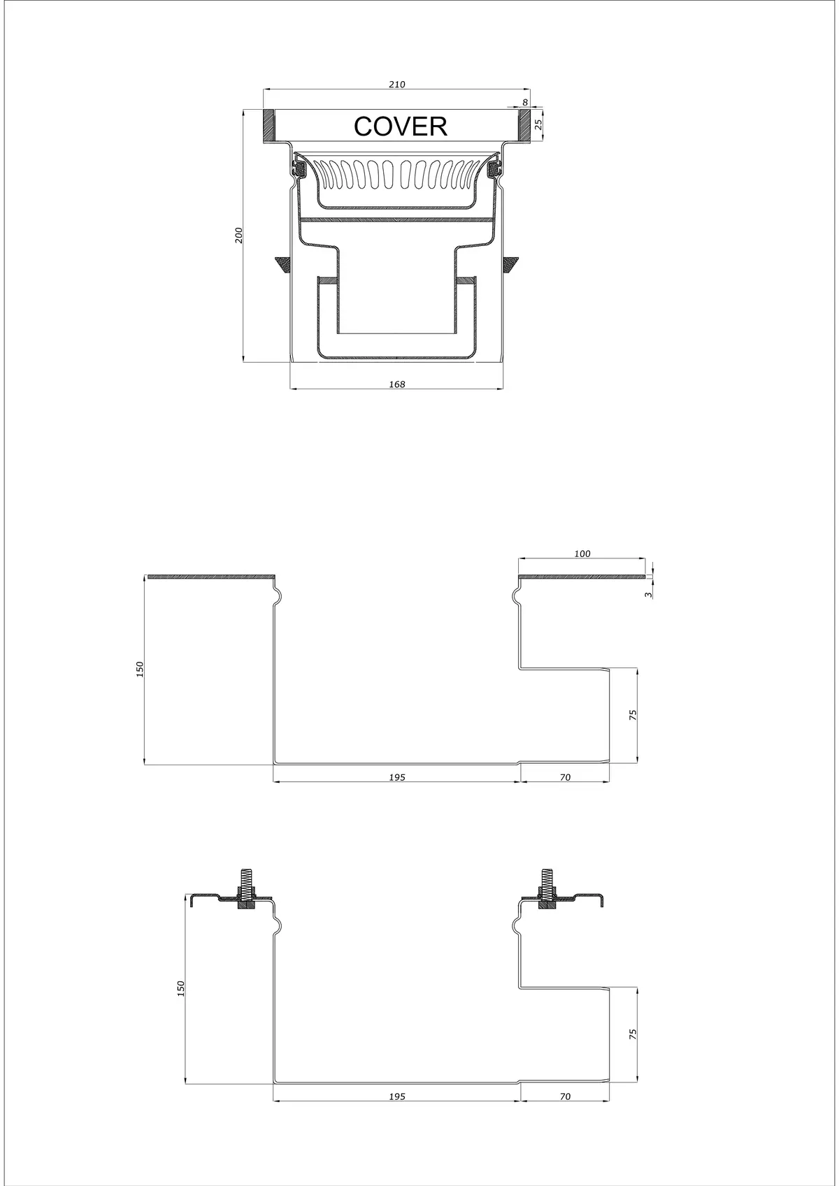 Bodenablauf BK_KROB 210 DN 75 mit Rand 25x8mm - Zweiteiliger Horizontaler Ablauf