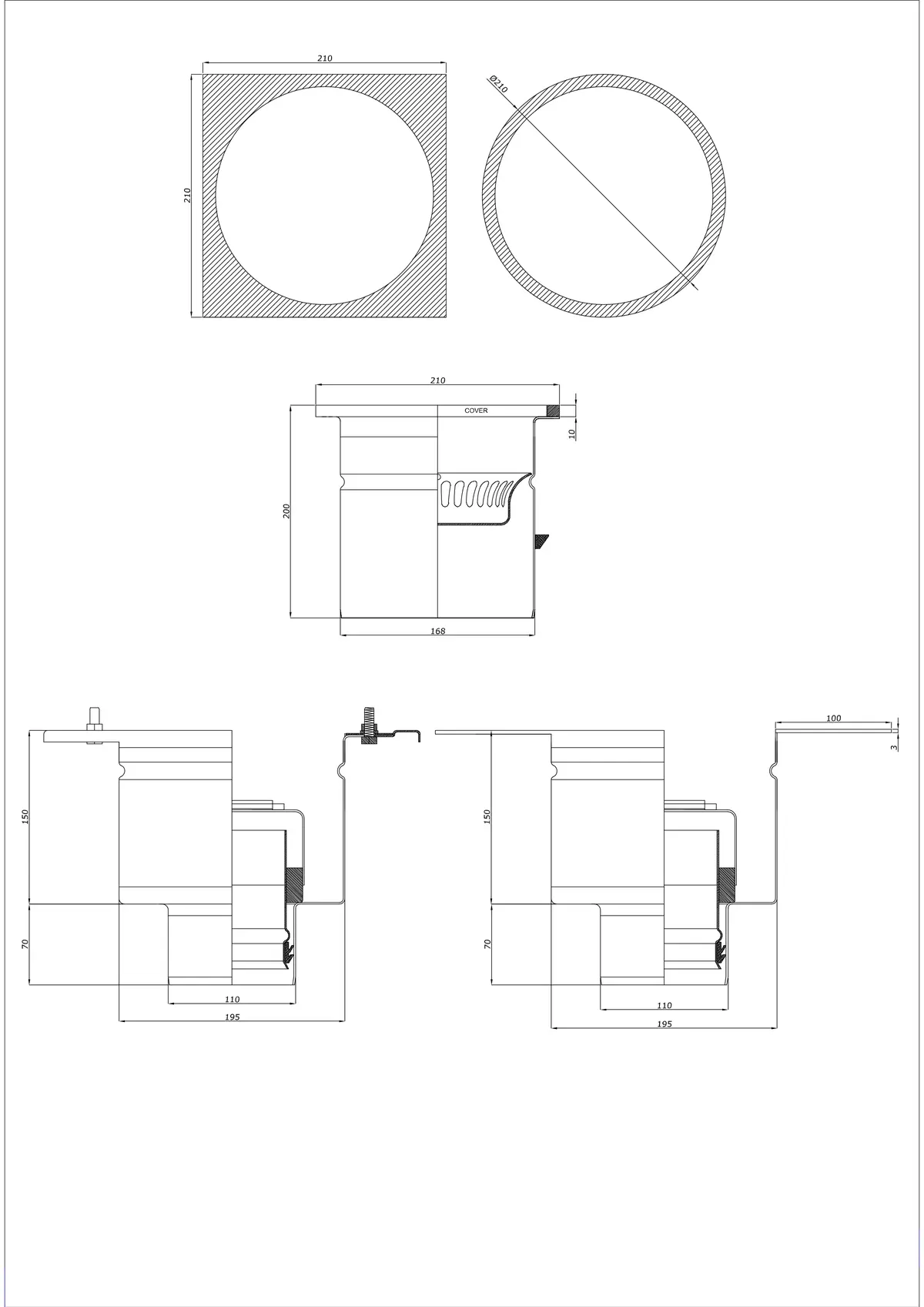 Bodenablauf BK_KRDO 210/210x210 DN 110 - Zweiteilig Vertikal - Runde/Quadratische Ausführung