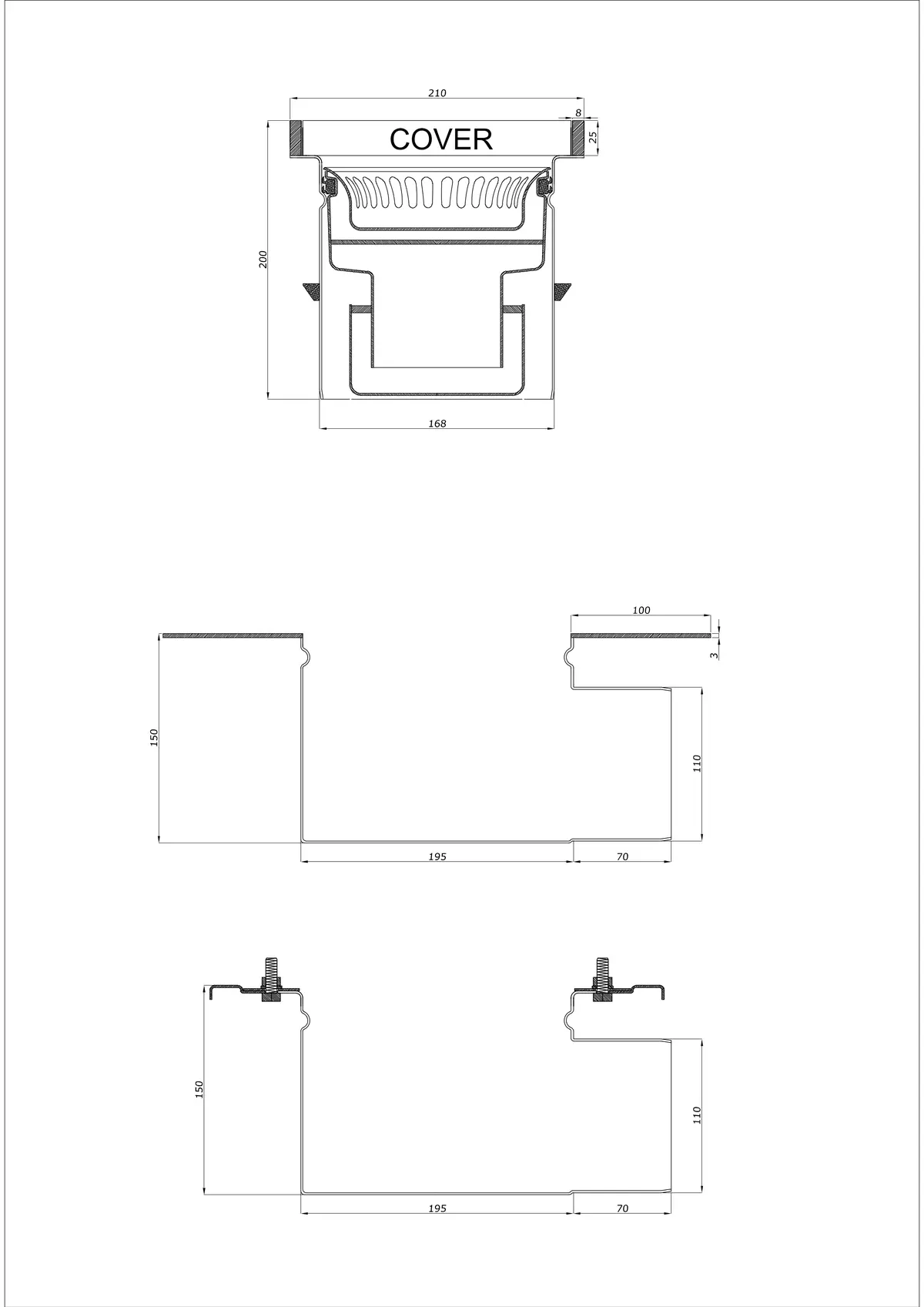 Bodenablauf BK_KROB 210 DN 110 mit Rand 25x8mm - Zweiteilig Horizontal